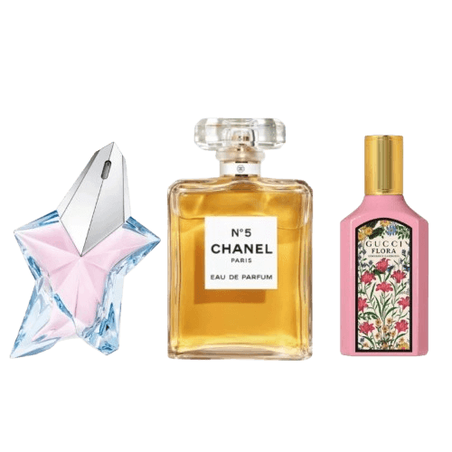 3-Piece Women's Fragrance Set: Mugler Angel, Chanel No. 5, Gucci Flora Gorgeous Gardenia