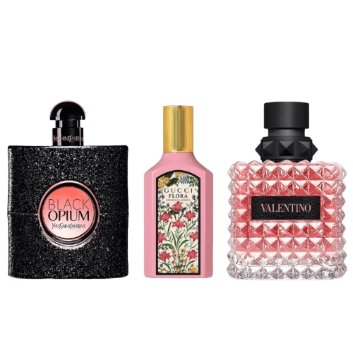 3-Piece Women's Fragrance Set: Yves Saint Laurent Black Opium, Gucci Flora Gorgeous Gardenia, Valentino Donna Born in Roma